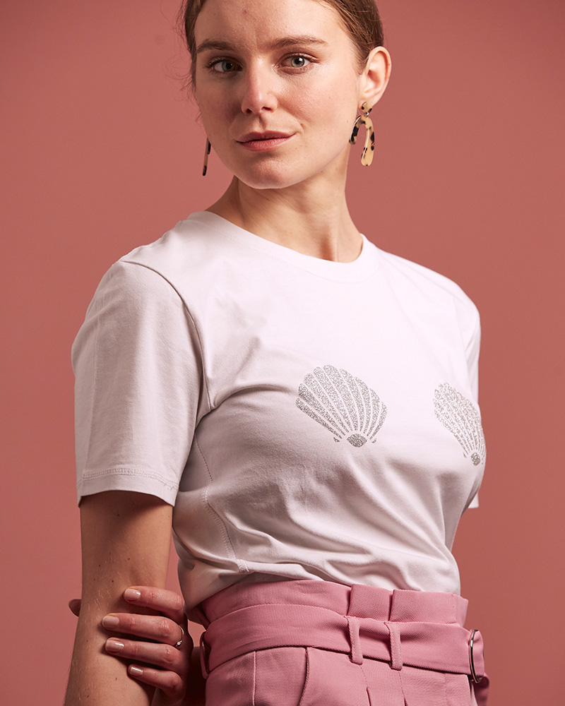 t-shirt femme coton bio avec coquillages argentés
